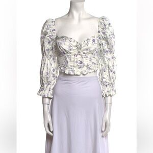 For Love And Lemons Floral Puff Sleeve Top - Cream and Purple